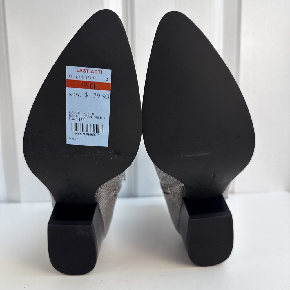 Calvin Klein Womens Narice Varnished Lizard Silver Pointed Toe Booties 5.5 M NWB - Picture 7 of 9